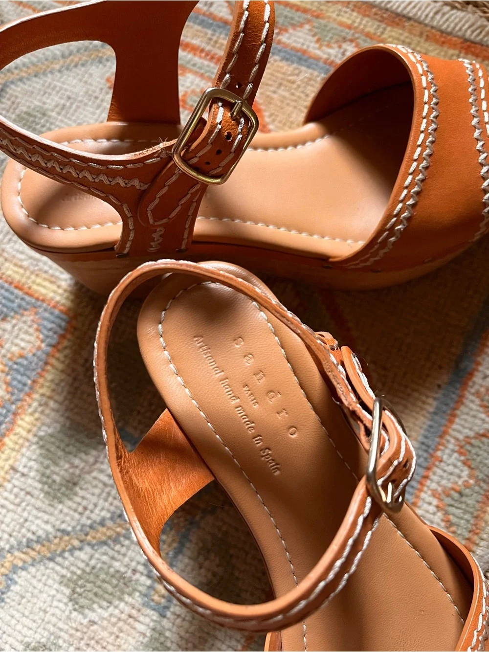 Sandro Cognac Leather Platform Clog Sandals with Wood Heel - Picture 5 of 6